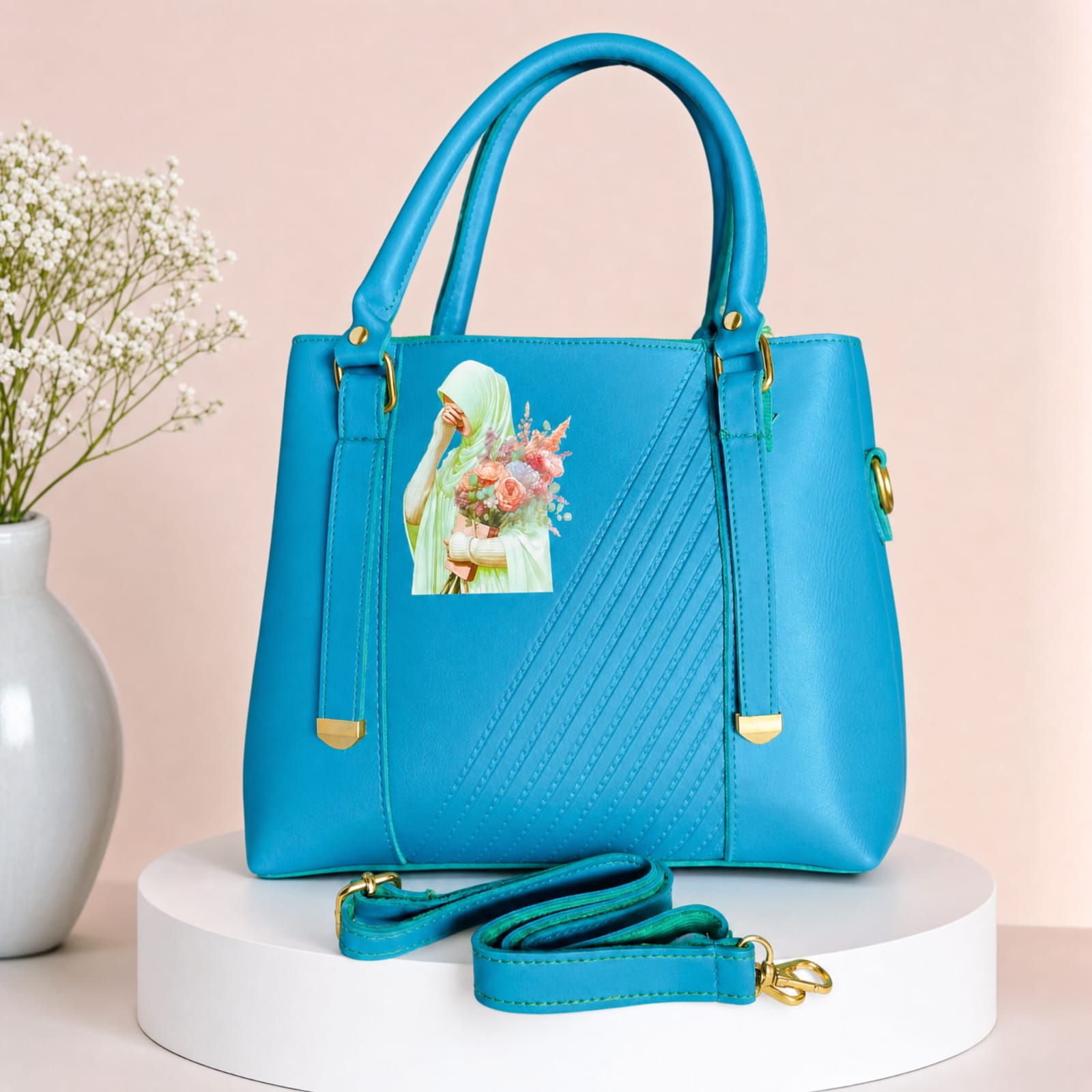 Elegant Turquoise Leather Handbag With Floral Art Design