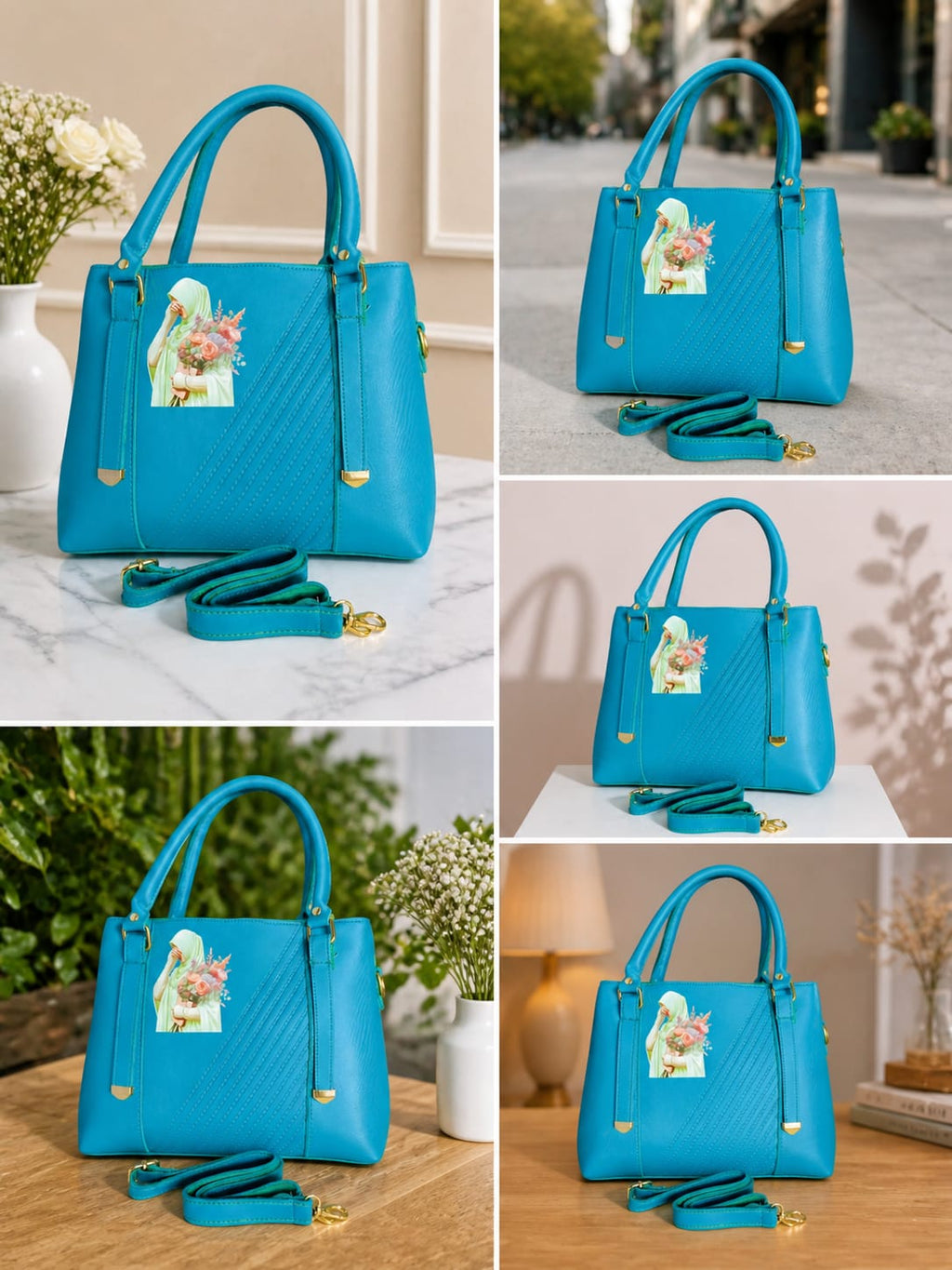 Elegant Turquoise Leather Handbag With Floral Art Design