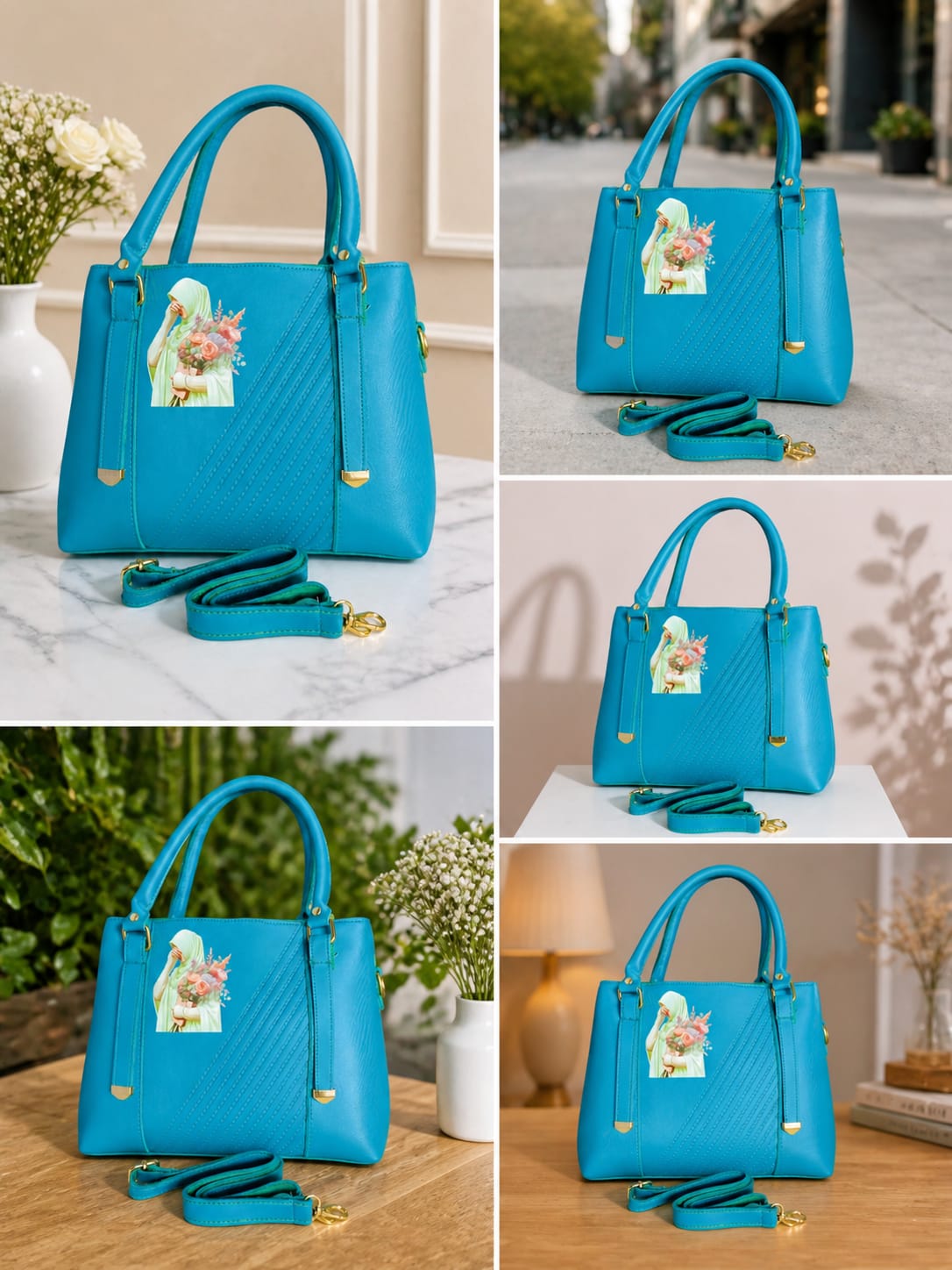 Elegant Turquoise Leather Handbag With Floral Art Design